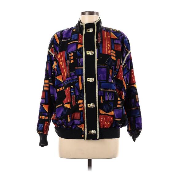 VTG Vital Elements Black Gold Button Abstract Bomber Jacket 90s Retro L - Picture 1 of 3